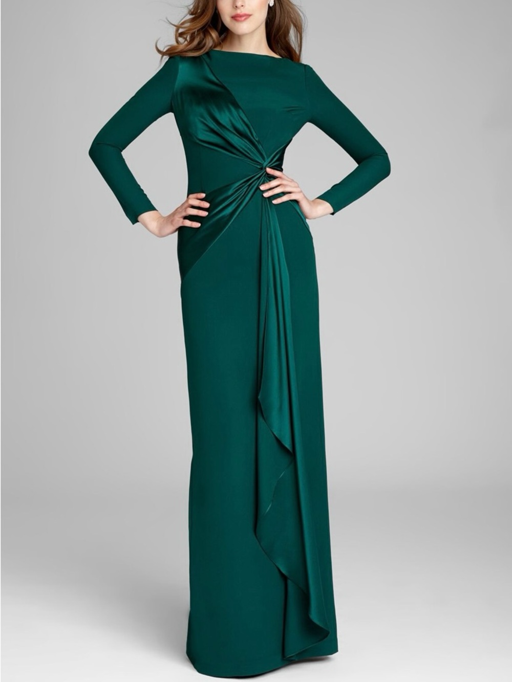 Teri Jon Emerald Green Long Sleeve Twist-Front Gown